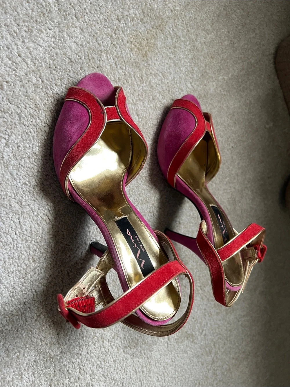 Nina Two-Tone Pink and  Red Suede Open-Toe Heels